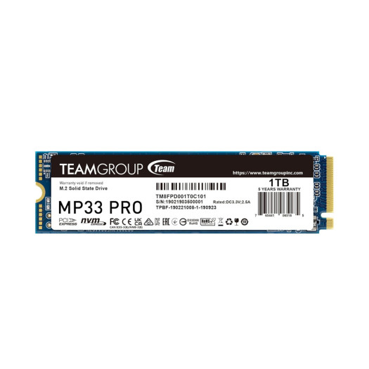 TEAMGROUP MP33 PRO 1TB SLC Cache 3D NAND TLC NVMe 1.3 PCIe Gen3x4 M.2 2280 Internal Solid State Drive SSD (Read Speed up to 3500 MB/s) 512TBW Compatible with Laptop & PC Desktop TM8FPD001T0C101